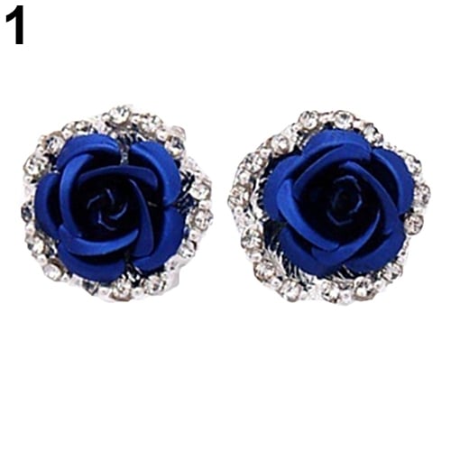 Elegant Rose Flower Rhinestone Ear Stud Clip Earrings Women Piercing Jewelry Image 1