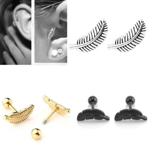 1Pair 16G Women Feather Barbell Bar Ear Cartilage Stud Earring Piercing Jewelry Image 1