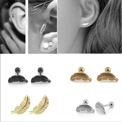 1Pair 16G Women Feather Barbell Bar Ear Cartilage Stud Earring Piercing Jewelry Image 2