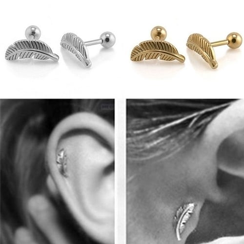 1Pair 16G Women Feather Barbell Bar Ear Cartilage Stud Earring Piercing Jewelry Image 3