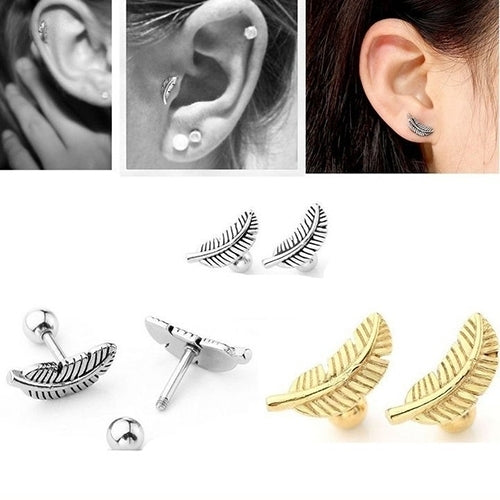 1Pair 16G Women Feather Barbell Bar Ear Cartilage Stud Earring Piercing Jewelry Image 4