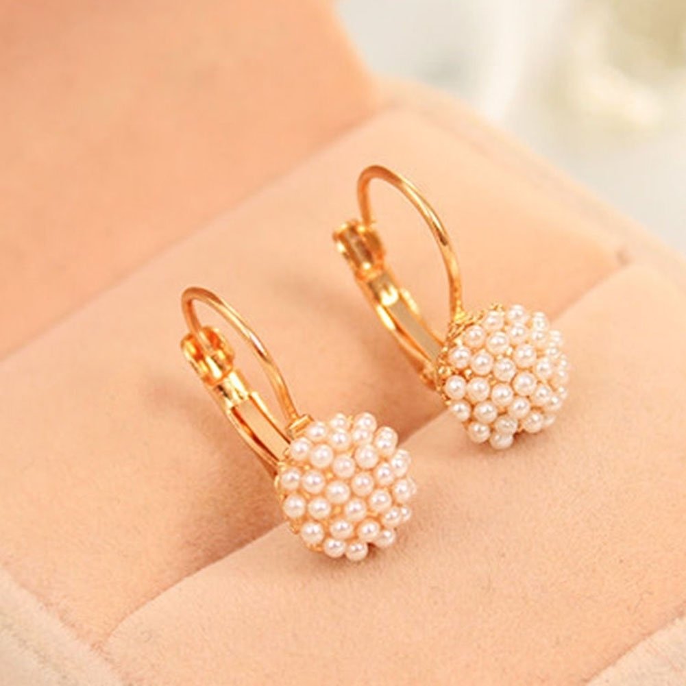 Elegant Sweet Imitation Pearl Leverback Earrings Women Beads Ear Hoop Wedding Jewelry Image 2