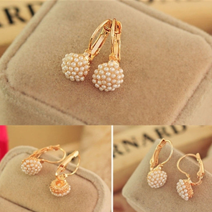 Elegant Sweet Imitation Pearl Leverback Earrings Women Beads Ear Hoop Wedding Jewelry Image 3