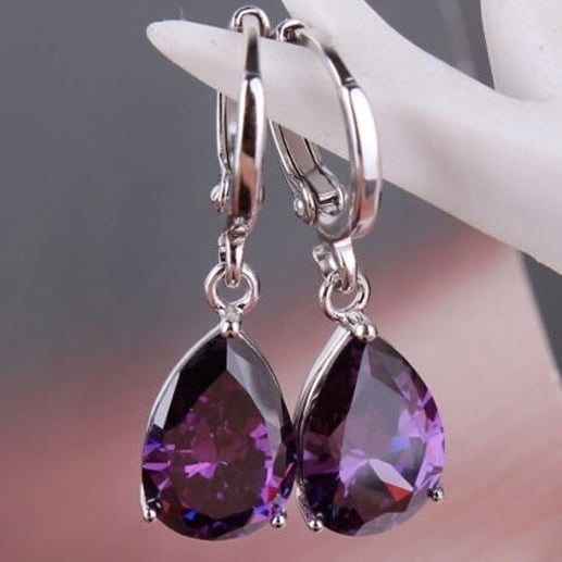 Elegant Womens Purple Rhinestone Water Drops Leverback Dangle Earrings Gift Image 2