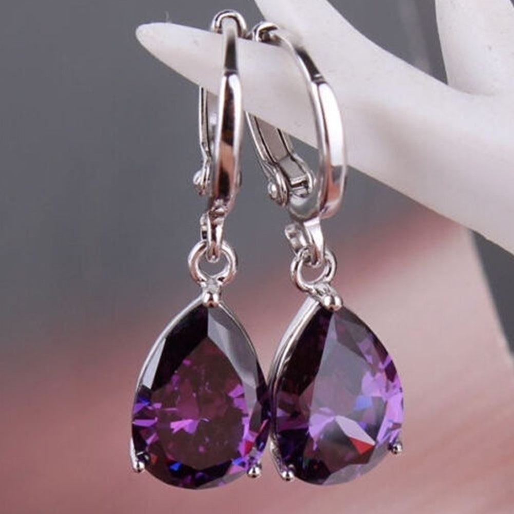 Elegant Womens Purple Rhinestone Water Drops Leverback Dangle Earrings Gift Image 4