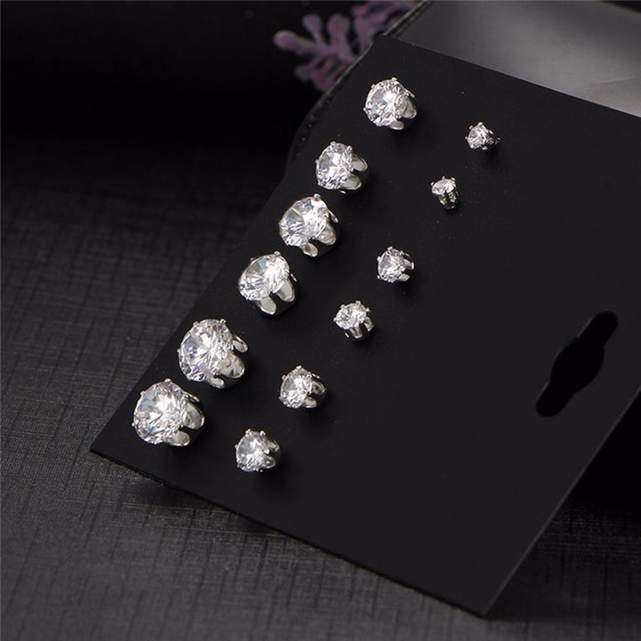 6Pairs Women Jewelry Round Cubic Zirconia CZ Crown Ear Stud Earrings Xmas Gift Image 2
