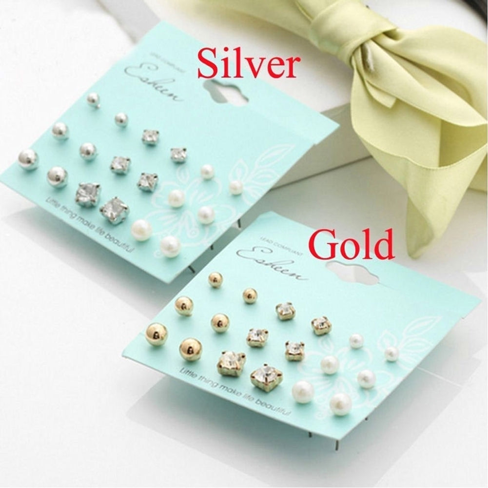 9 Pairs Fashion Rhinestone Faux Pearl Earrings Women Ear Stud Set Jewelry Gift Image 3