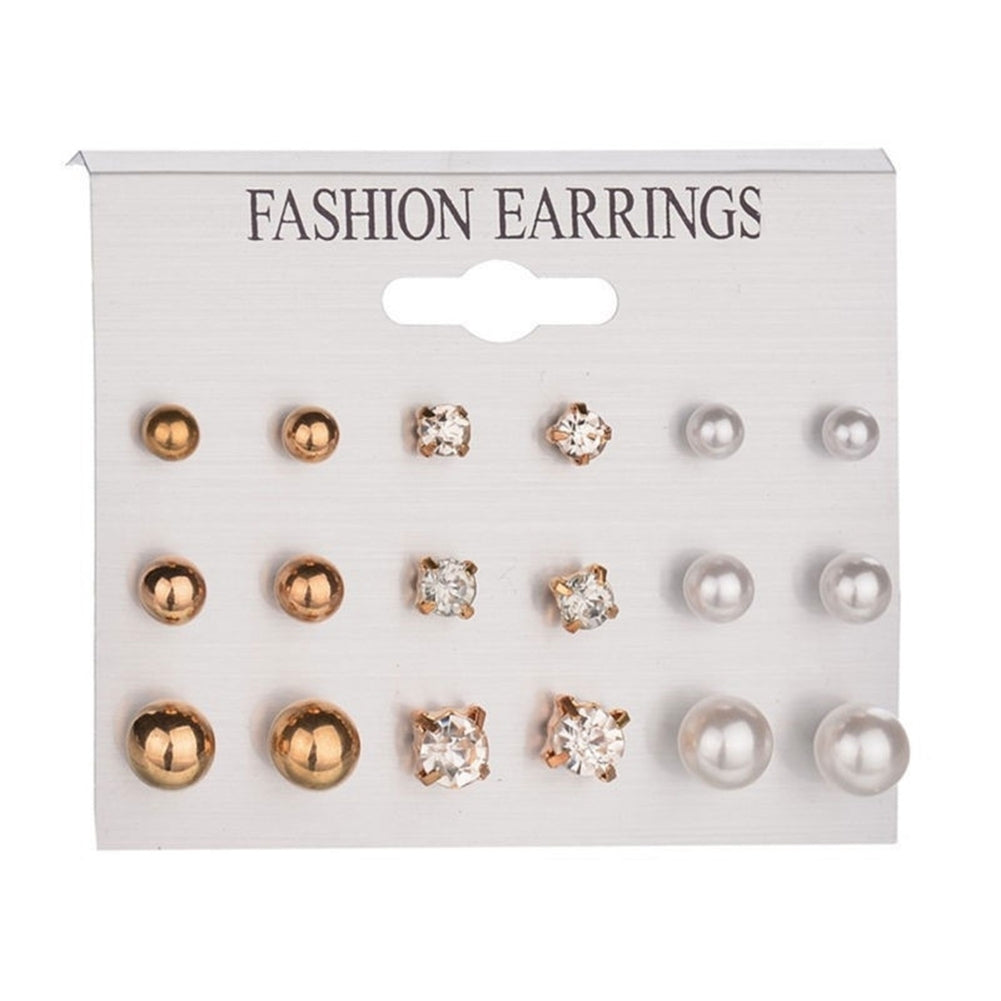 9 Pairs Fashion Rhinestone Faux Pearl Earrings Women Ear Stud Set Jewelry Gift Image 4