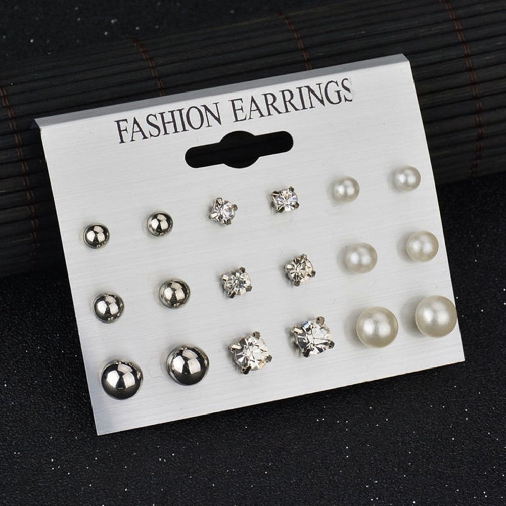 9 Pairs Fashion Rhinestone Faux Pearl Earrings Women Ear Stud Set Jewelry Gift Image 6