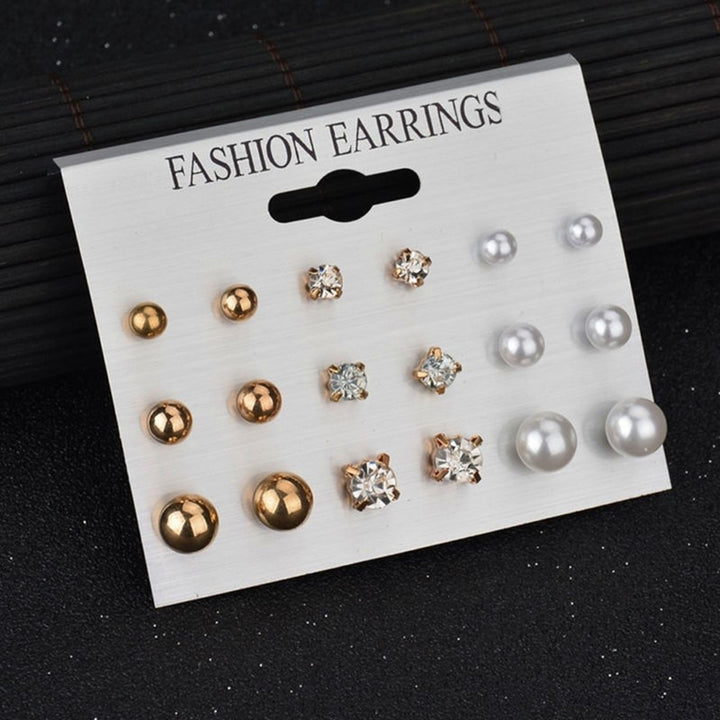 9 Pairs Fashion Rhinestone Faux Pearl Earrings Women Ear Stud Set Jewelry Gift Image 7