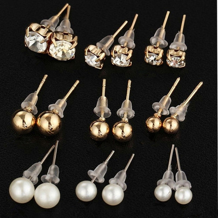 9 Pairs Fashion Rhinestone Faux Pearl Earrings Women Ear Stud Set Jewelry Gift Image 12