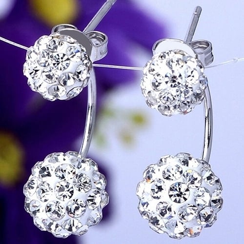 Lady U-shape Spherical Micro Rhinestone Silver Tone Ear Studs Earrings Jewelry Image 1