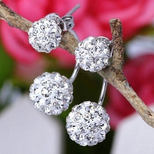 Lady U-shape Spherical Micro Rhinestone Silver Tone Ear Studs Earrings Jewelry Image 3