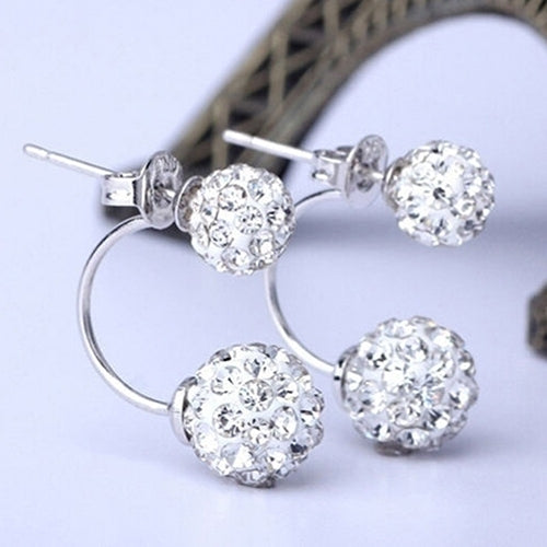 Lady U-shape Spherical Micro Rhinestone Silver Tone Ear Studs Earrings Jewelry Image 4