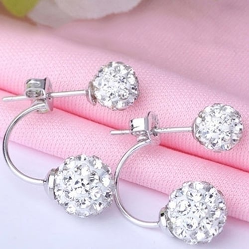 Lady U-shape Spherical Micro Rhinestone Silver Tone Ear Studs Earrings Jewelry Image 6