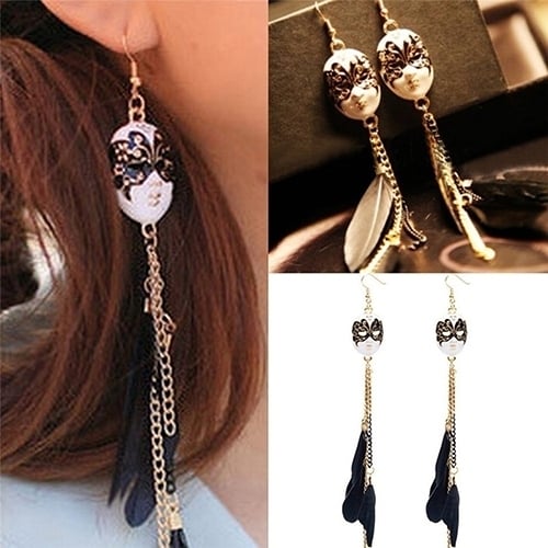 Womens Bohemia Chain Feather Tassel Chain Earrings Mask Long Drop Earring Image 2