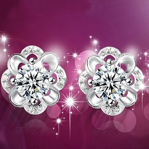 Ladies Fashion Silver Plated Rhinestone Inlaid Hollow Flower Ear Studs Earrings Image 1