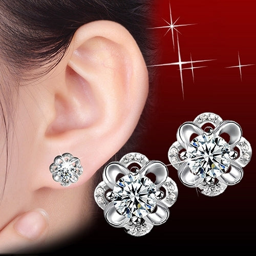 Ladies Fashion Silver Plated Rhinestone Inlaid Hollow Flower Ear Studs Earrings Image 2