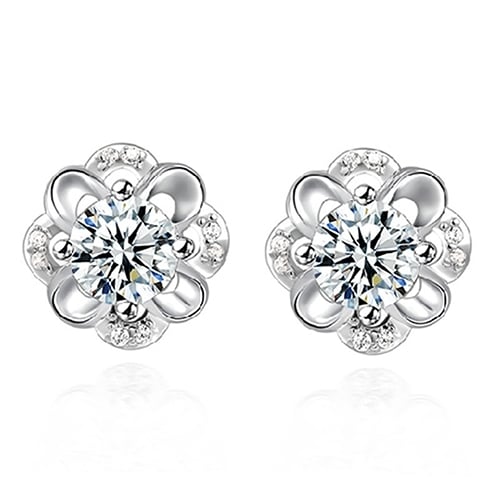 Ladies Fashion Silver Plated Rhinestone Inlaid Hollow Flower Ear Studs Earrings Image 3