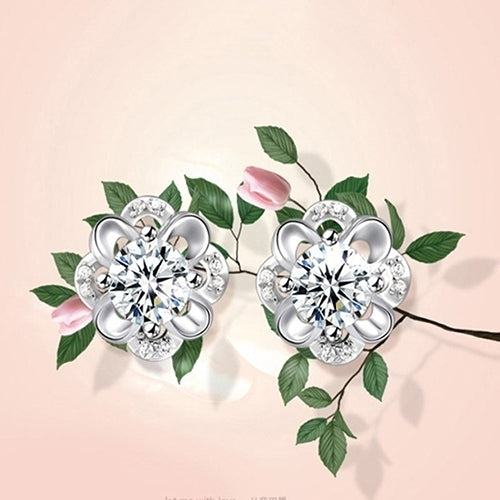 Ladies Fashion Silver Plated Rhinestone Inlaid Hollow Flower Ear Studs Earrings Image 4