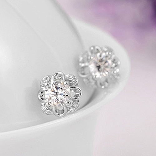 Ladies Fashion Silver Plated Rhinestone Inlaid Hollow Flower Ear Studs Earrings Image 4