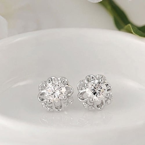 Ladies Fashion Silver Plated Rhinestone Inlaid Hollow Flower Ear Studs Earrings Image 6