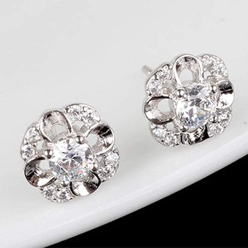 Ladies Fashion Silver Plated Rhinestone Inlaid Hollow Flower Ear Studs Earrings Image 8