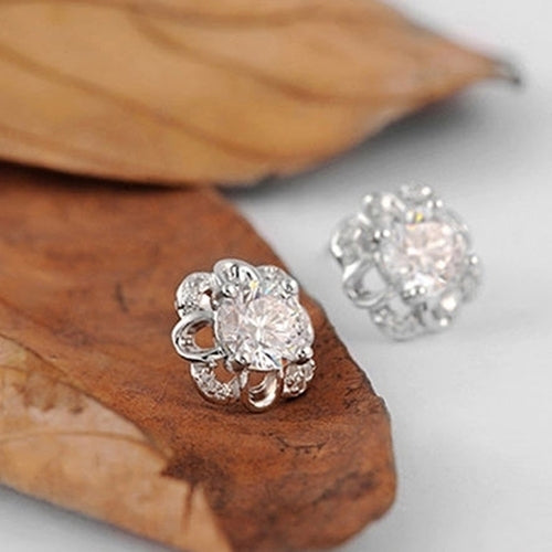 Ladies Fashion Silver Plated Rhinestone Inlaid Hollow Flower Ear Studs Earrings Image 9