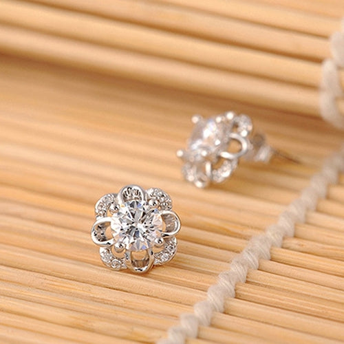 Ladies Fashion Silver Plated Rhinestone Inlaid Hollow Flower Ear Studs Earrings Image 10