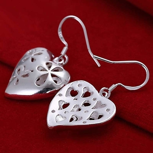 Womens Fashion Flower Hollow Heart Shape Silver Plated Dangle Hook Earrings Image 1