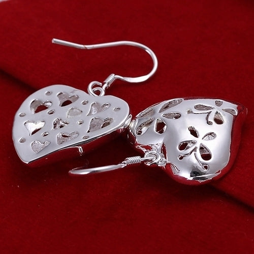 Womens Fashion Flower Hollow Heart Shape Silver Plated Dangle Hook Earrings Image 2