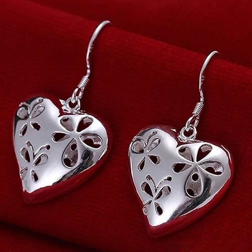 Womens Fashion Flower Hollow Heart Shape Silver Plated Dangle Hook Earrings Image 3