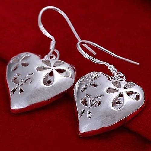 Womens Fashion Flower Hollow Heart Shape Silver Plated Dangle Hook Earrings Image 4