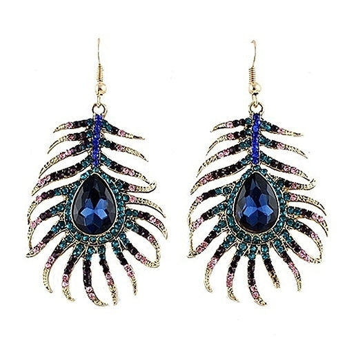 1Pair Women Retro Rhinestone Peacock Feather Shape Statement Hook Dangle Earrings Image 1