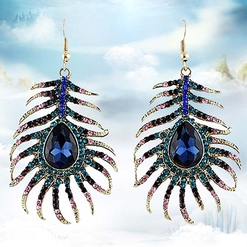 1Pair Women Retro Rhinestone Peacock Feather Shape Statement Hook Dangle Earrings Image 2