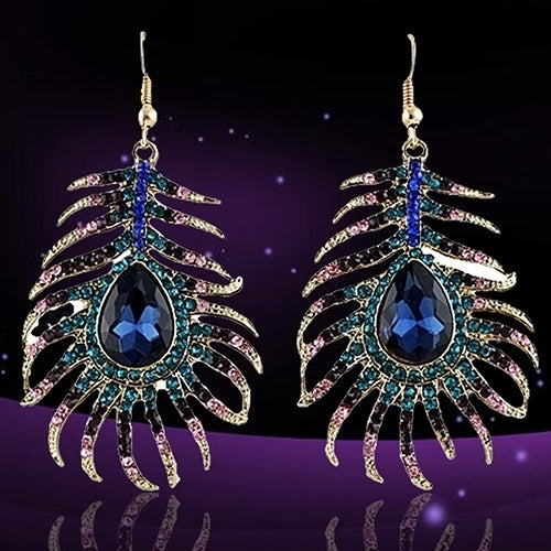 1Pair Women Retro Rhinestone Peacock Feather Shape Statement Hook Dangle Earrings Image 3