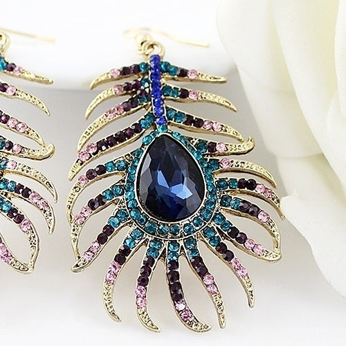 1Pair Women Retro Rhinestone Peacock Feather Shape Statement Hook Dangle Earrings Image 4