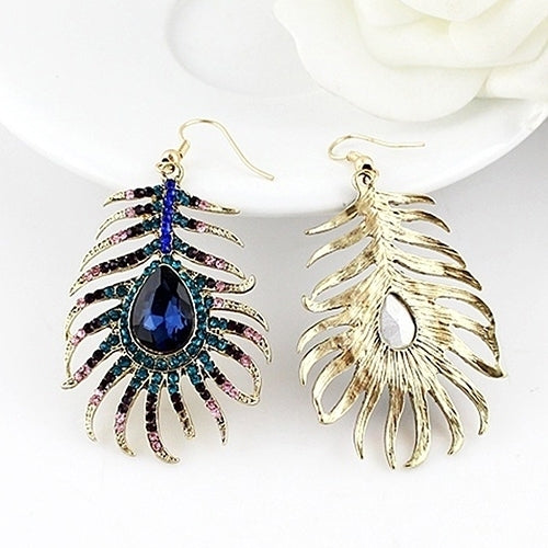 1Pair Women Retro Rhinestone Peacock Feather Shape Statement Hook Dangle Earrings Image 4