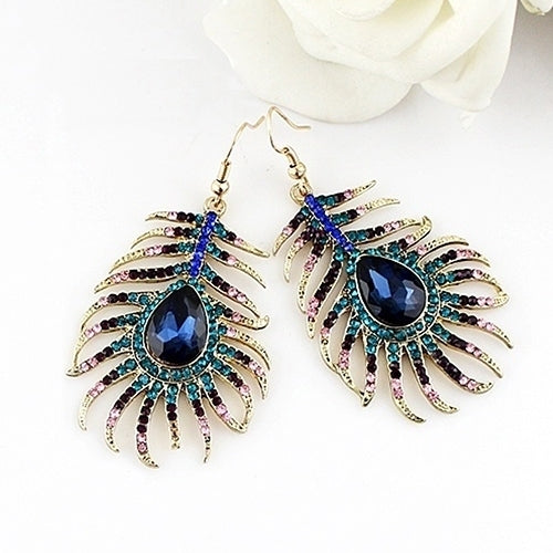 1Pair Women Retro Rhinestone Peacock Feather Shape Statement Hook Dangle Earrings Image 6