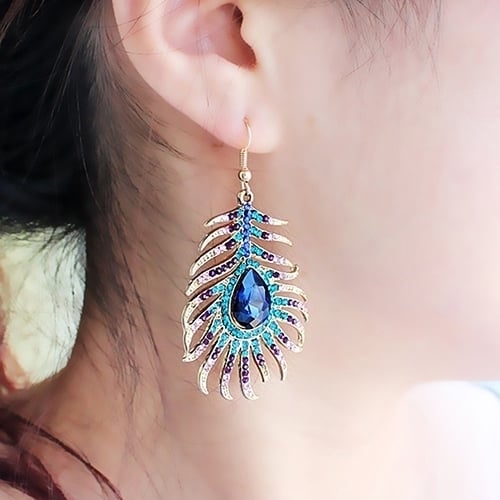 1Pair Women Retro Rhinestone Peacock Feather Shape Statement Hook Dangle Earrings Image 7