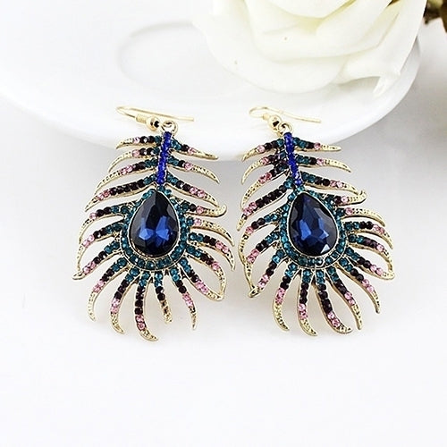 1Pair Women Retro Rhinestone Peacock Feather Shape Statement Hook Dangle Earrings Image 8