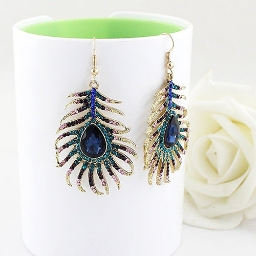 1Pair Women Retro Rhinestone Peacock Feather Shape Statement Hook Dangle Earrings Image 9