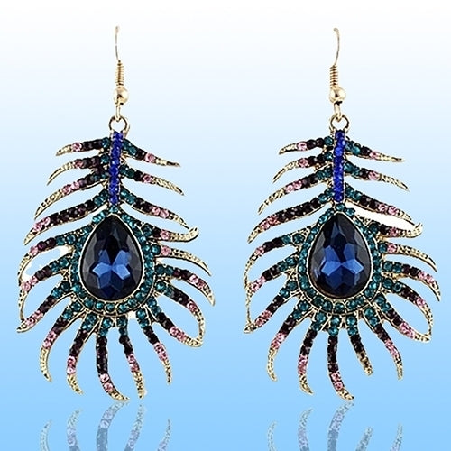 1Pair Women Retro Rhinestone Peacock Feather Shape Statement Hook Dangle Earrings Image 10