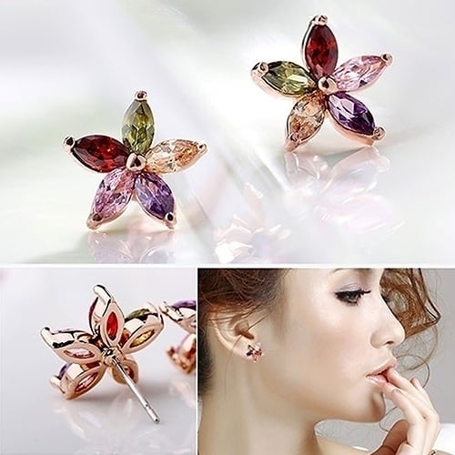 Womens Fashion Gorgeous Multicolor Zircon Flower Ear Studs Earrings Jewelry Image 7