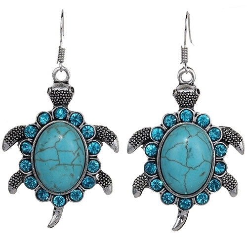 Retro Cute Rhinestone Turtle Dangle Pendant Tibetan Ear Hook Earrings Jewelry Image 1