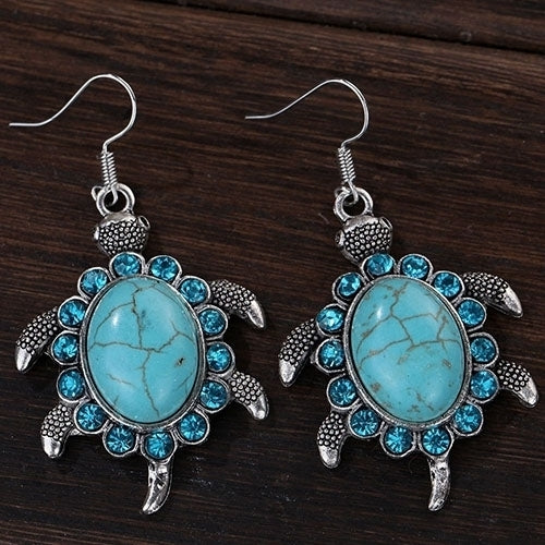 Retro Cute Rhinestone Turtle Dangle Pendant Tibetan Ear Hook Earrings Jewelry Image 2