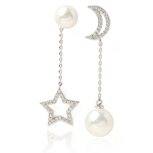 Luxury CZ Imitation Pearl Star Moon Asymmetry Long Earrings Elegant Lady Jewelry Image 1