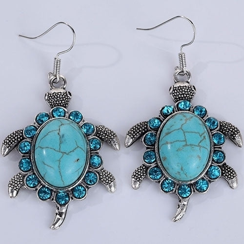 Retro Cute Rhinestone Turtle Dangle Pendant Tibetan Ear Hook Earrings Jewelry Image 3