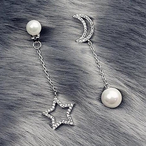 Luxury CZ Imitation Pearl Star Moon Asymmetry Long Earrings Elegant Lady Jewelry Image 2