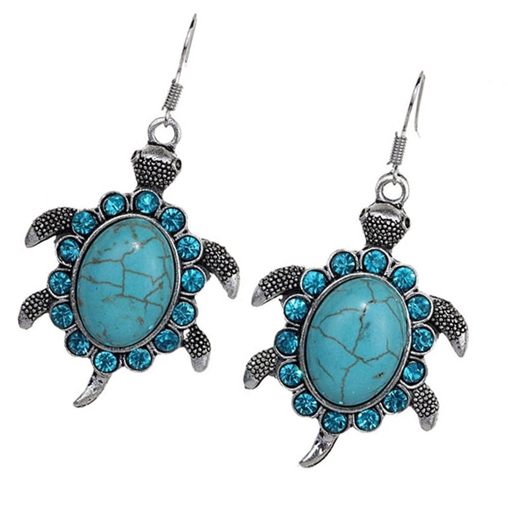 Retro Cute Rhinestone Turtle Dangle Pendant Tibetan Ear Hook Earrings Jewelry Image 4